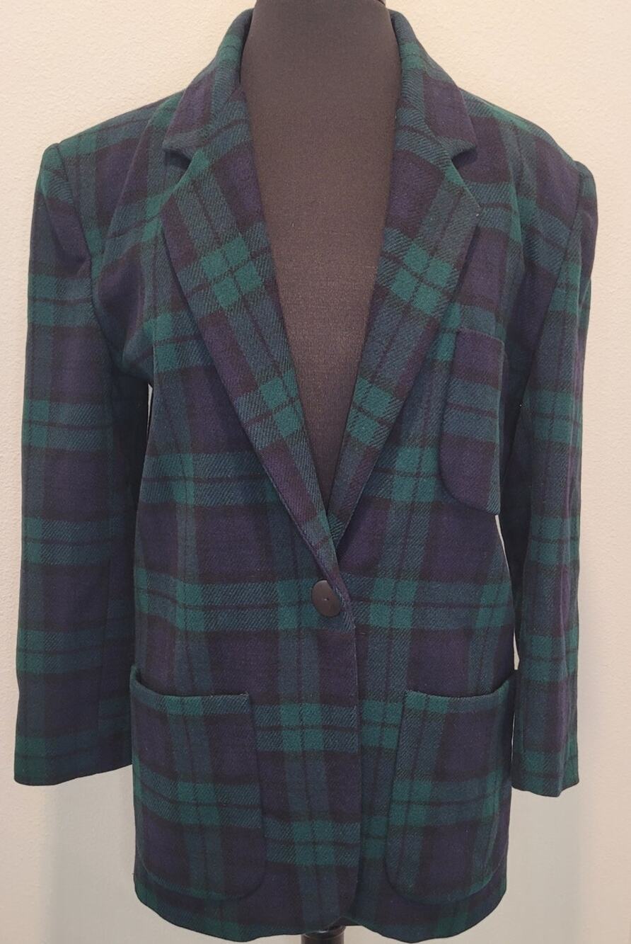 VTG 90s Donnybrook Navy Green Black Watch Tartan Blazer 4 Dark Academia Preppy